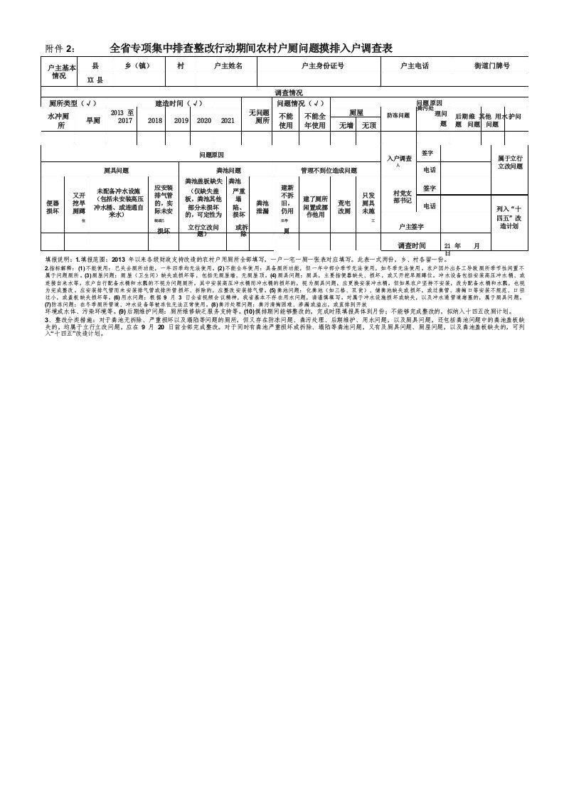 农村户厕问题摸排入户调查表