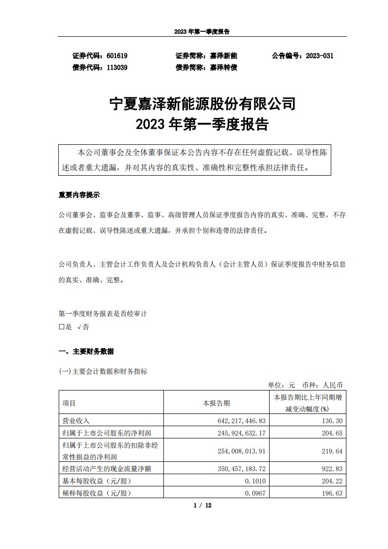 上交所-宁夏嘉泽新能源股份有限公司2023年第一季度报告-20230424