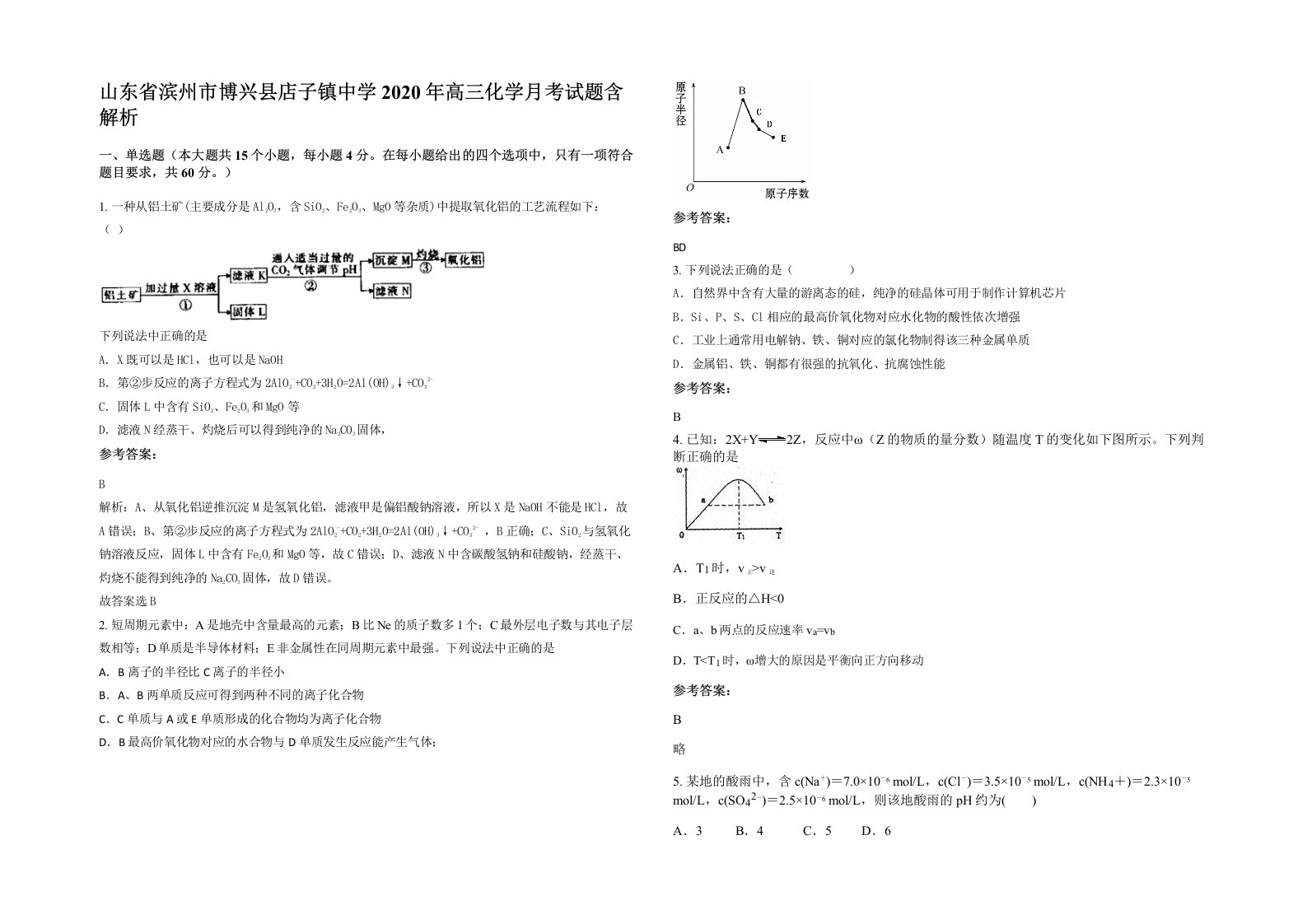 山东省滨州市博兴县店子镇中学2020年高三化学月考试题含解析