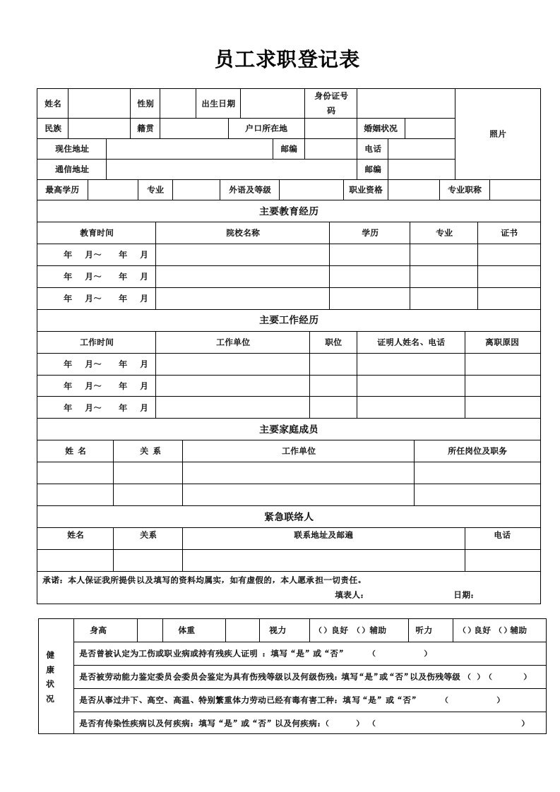 《员工入职登记表》经典范本新