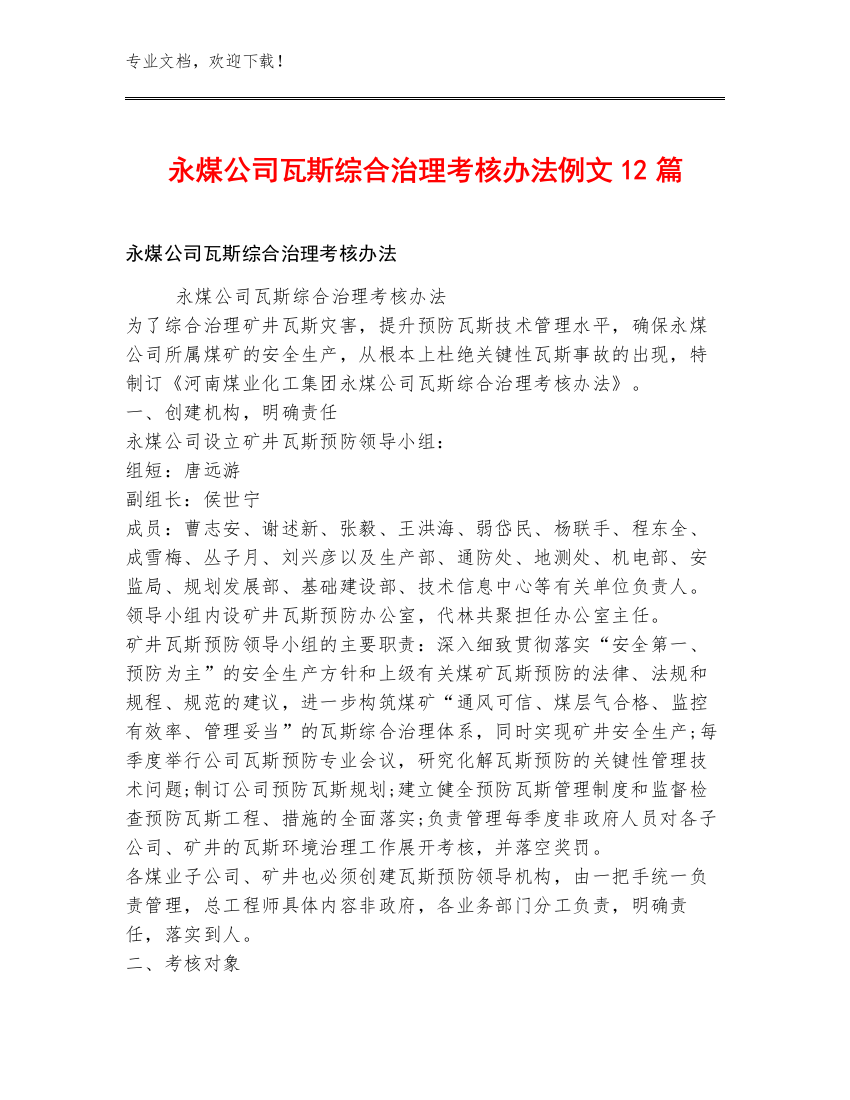 永煤公司瓦斯综合治理考核办法例文12篇