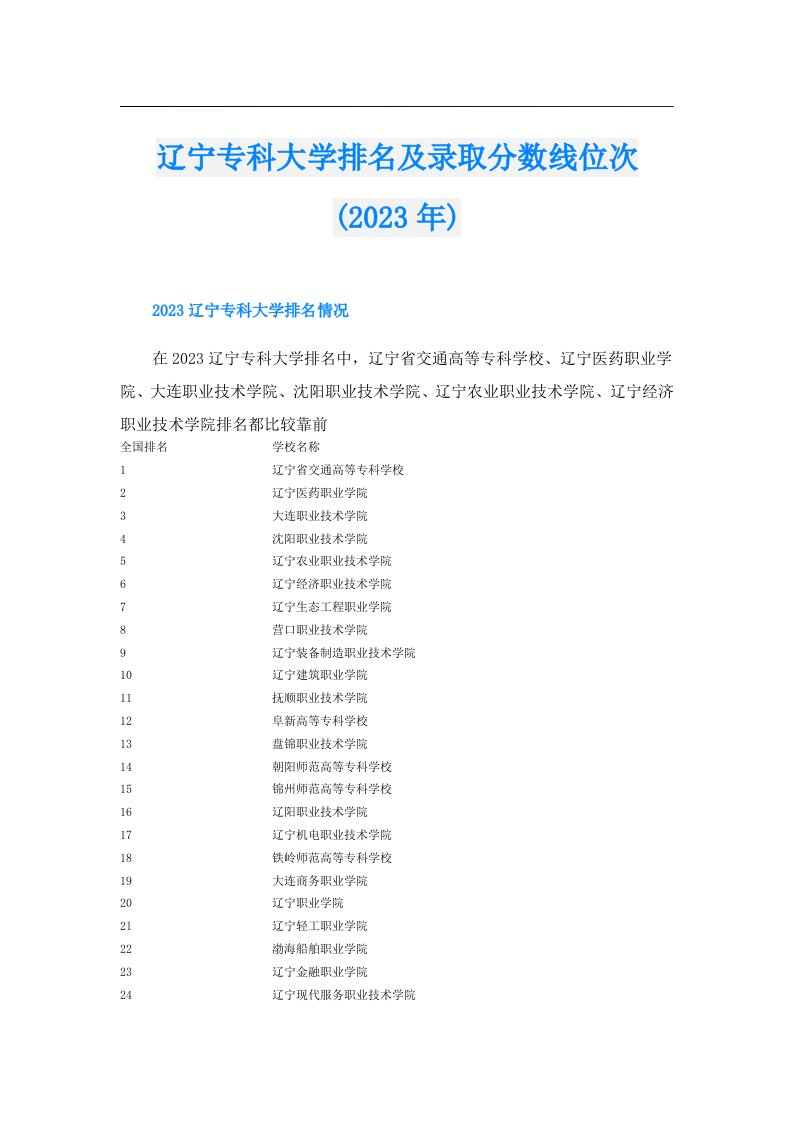 辽宁专科大学排名及录取分数线位次()