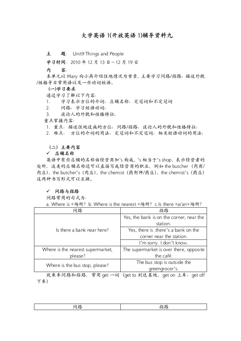 大工10秋《大学英语1(开放英语1)》辅导资料九