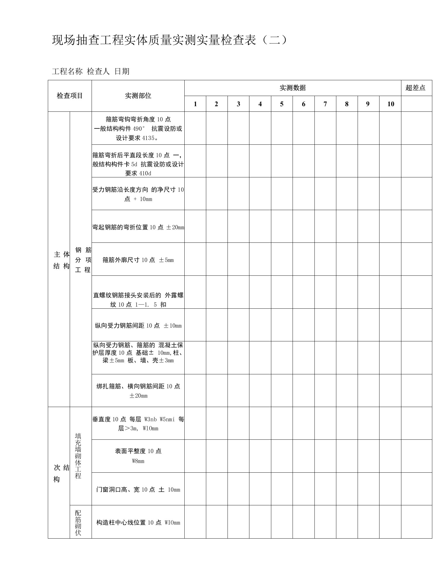 现场抽查工程实体质量实测实量检查表