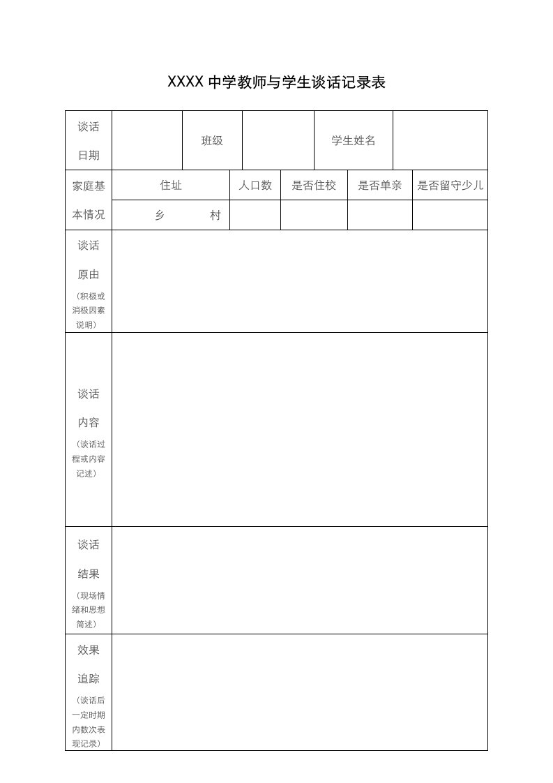 学校教师与学生谈话记录表