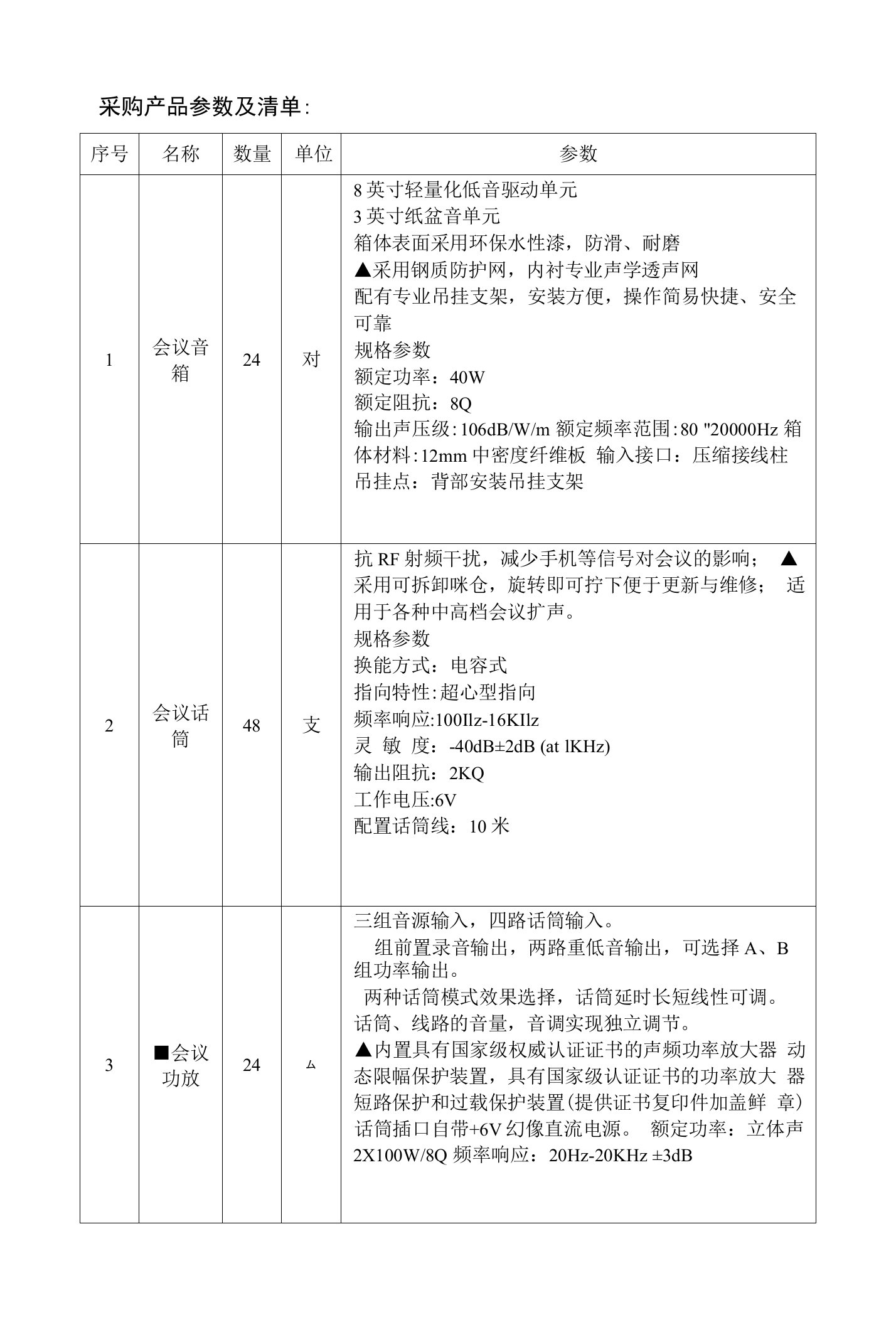 采购产品参数及清单