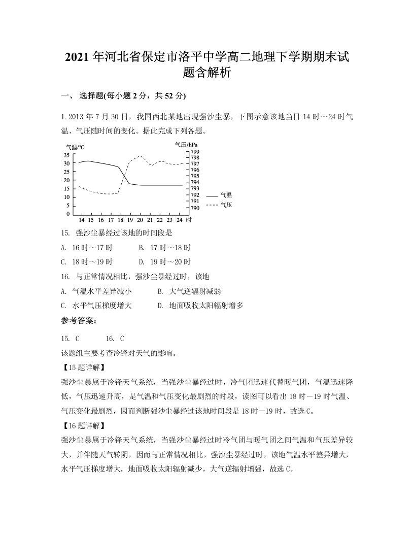 2021年河北省保定市洛平中学高二地理下学期期末试题含解析