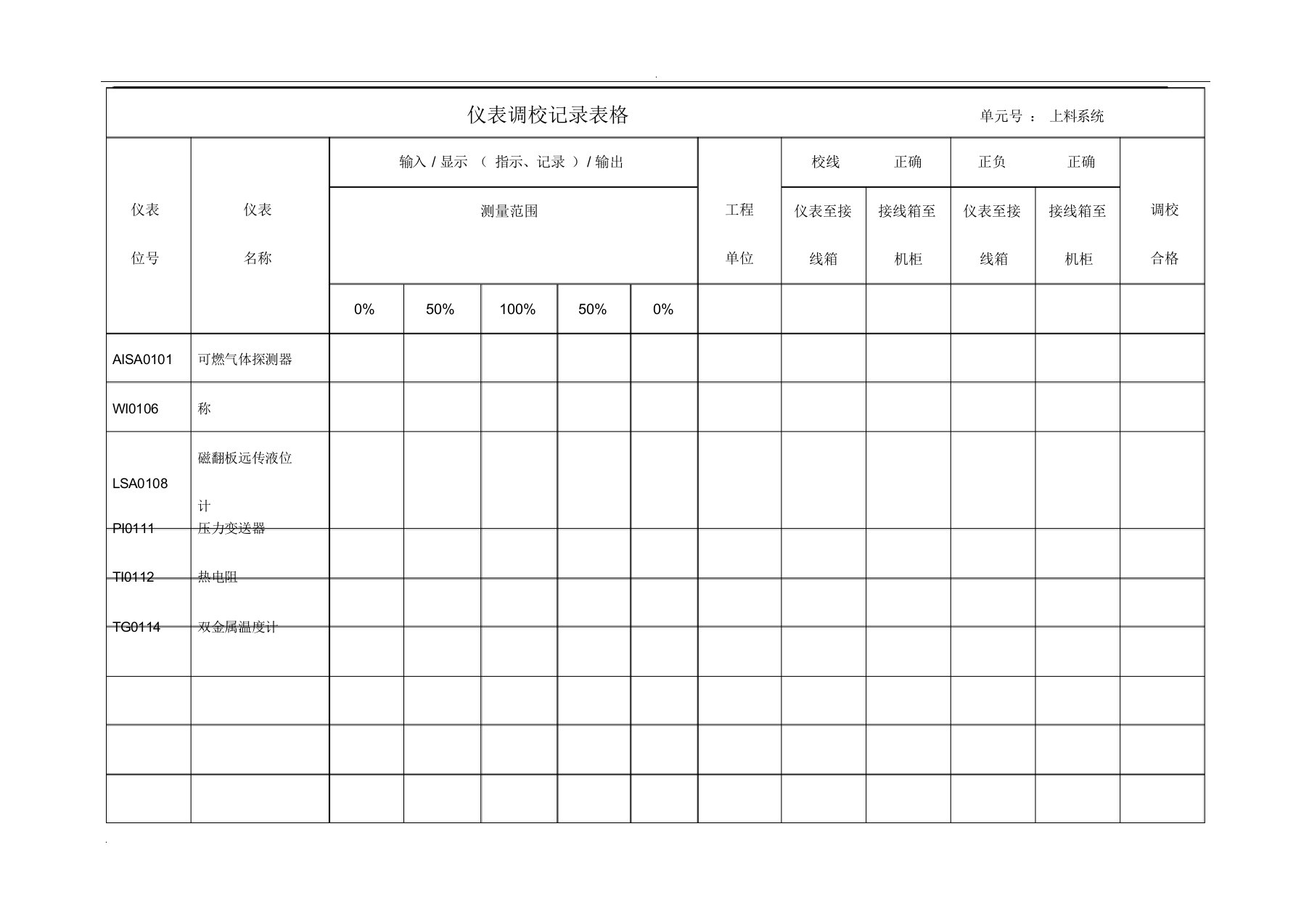 仪表调校记录表格模板