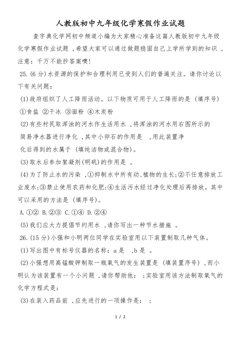 人教版初中九年级化学寒假作业试题