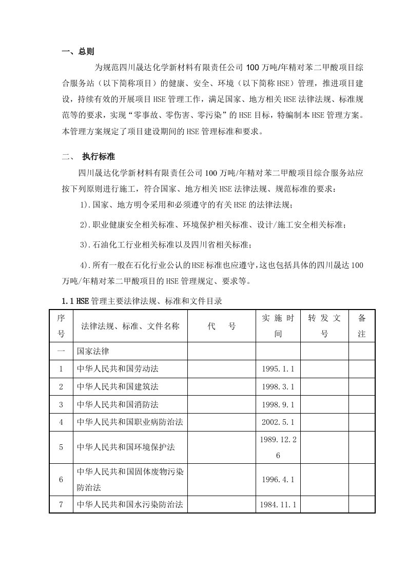 化学新材料公司100万吨精对苯二甲酸项目HSE管理计划