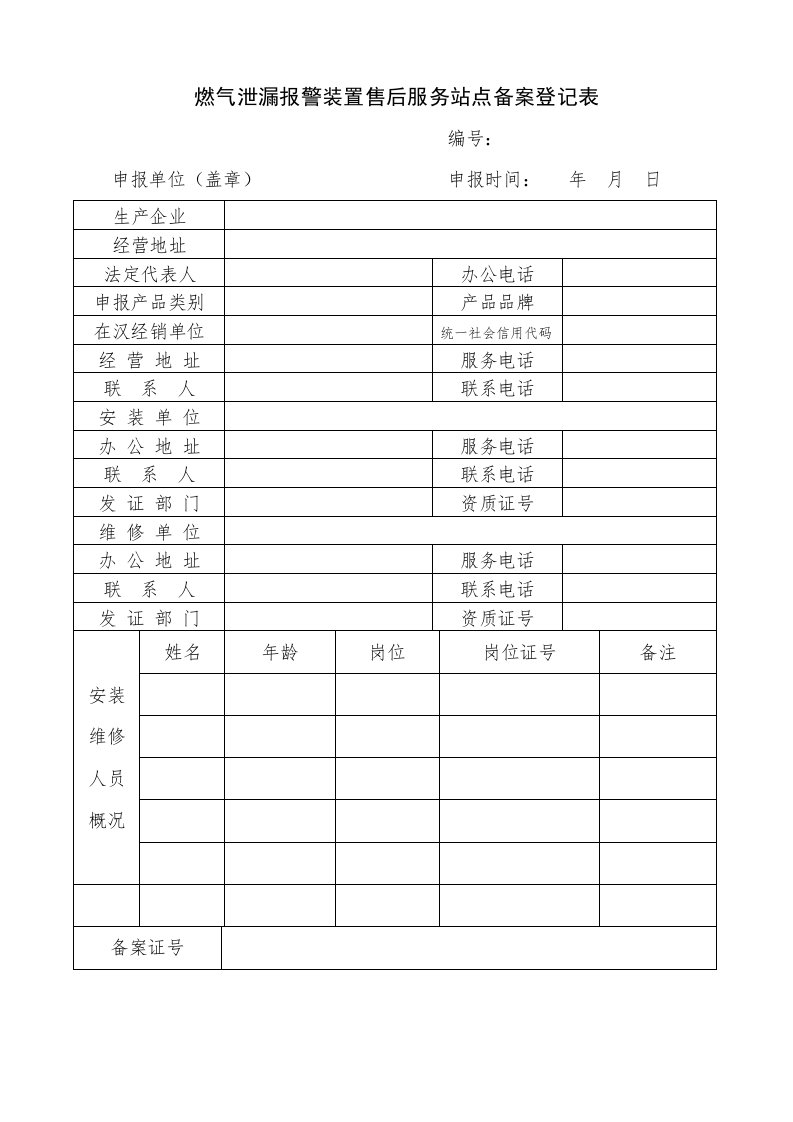 燃气泄漏报警装置售后服务站点备案登记表