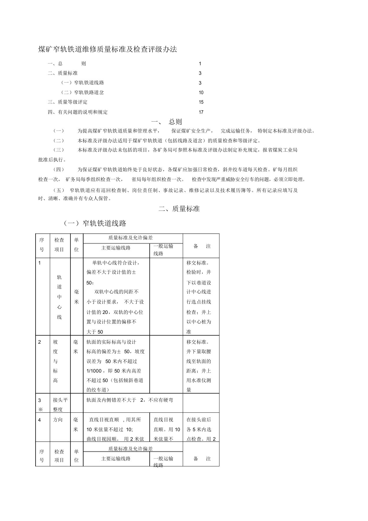 煤矿窄轨铁道维修质量标准及检查评级办法