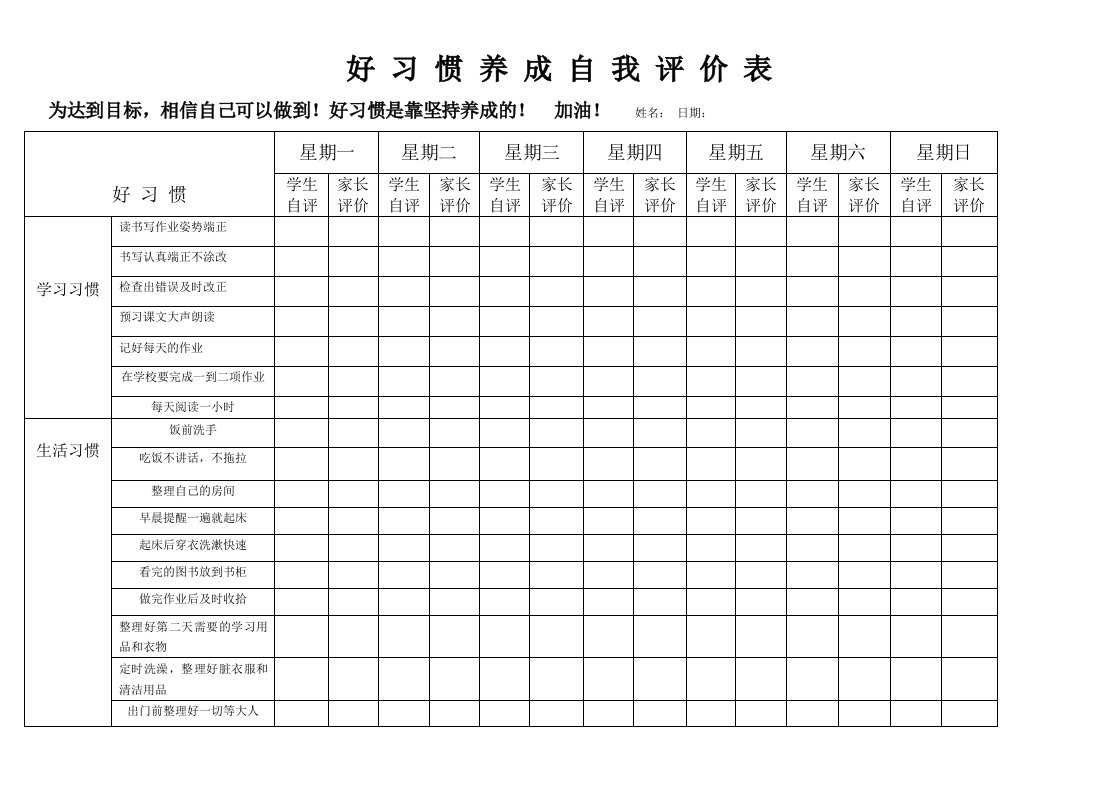 好习惯养成自我评价表