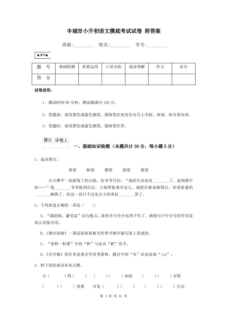 丰城市小升初语文摸底考试试卷