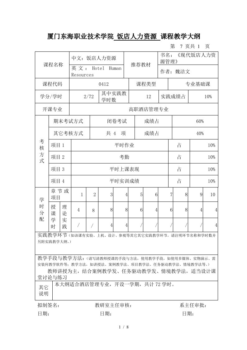 饭店人力资源新大纲