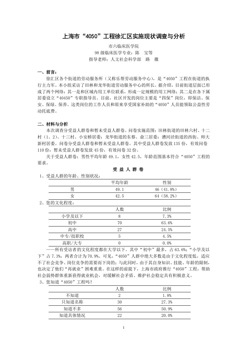 上海市4050工程徐汇区实施现状调查与分析