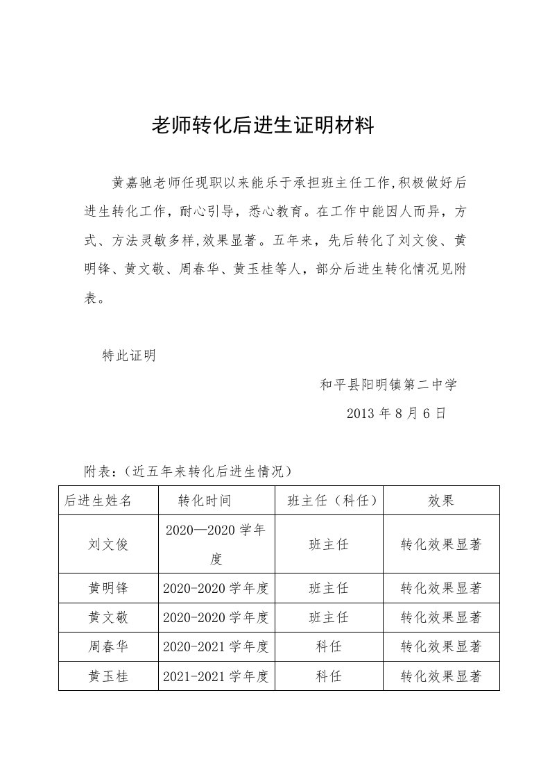 老师转化后进生证明材料