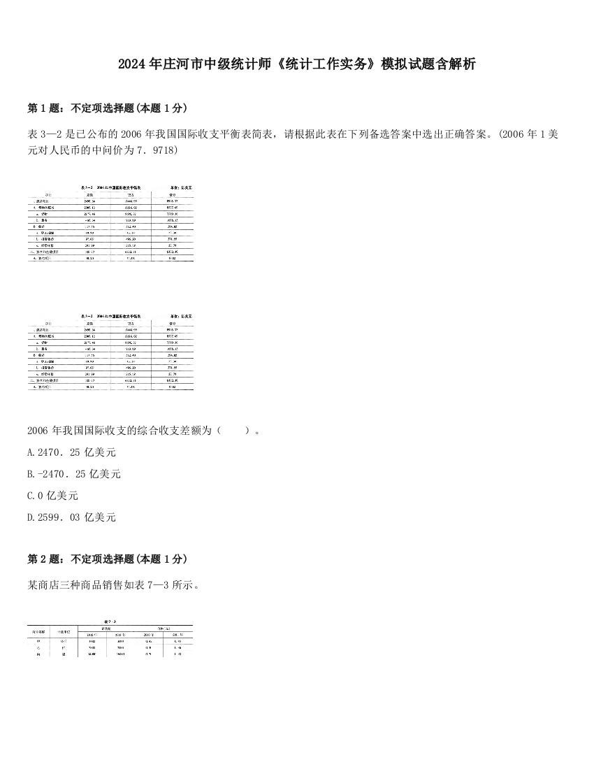 2024年庄河市中级统计师《统计工作实务》模拟试题含解析