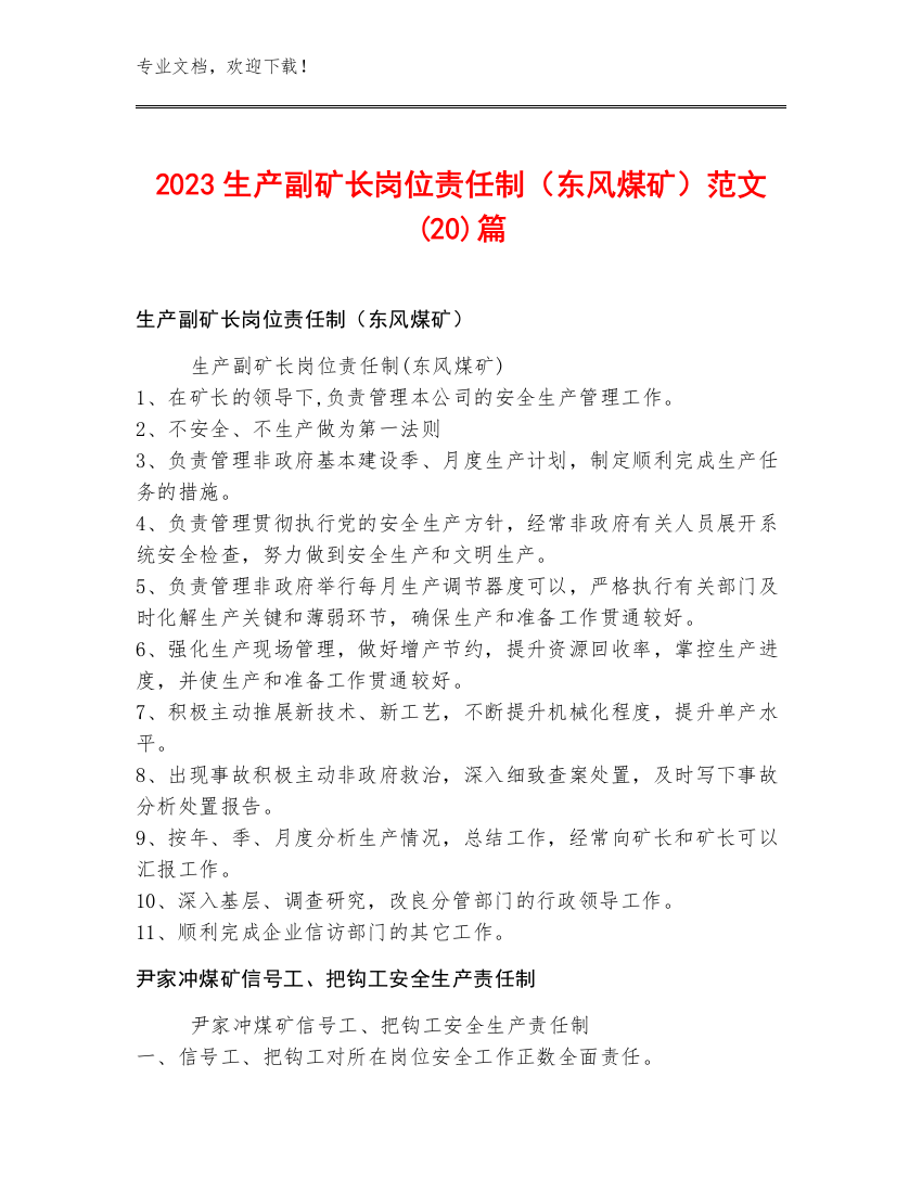 2023生产副矿长岗位责任制（东风煤矿）范文(20)篇