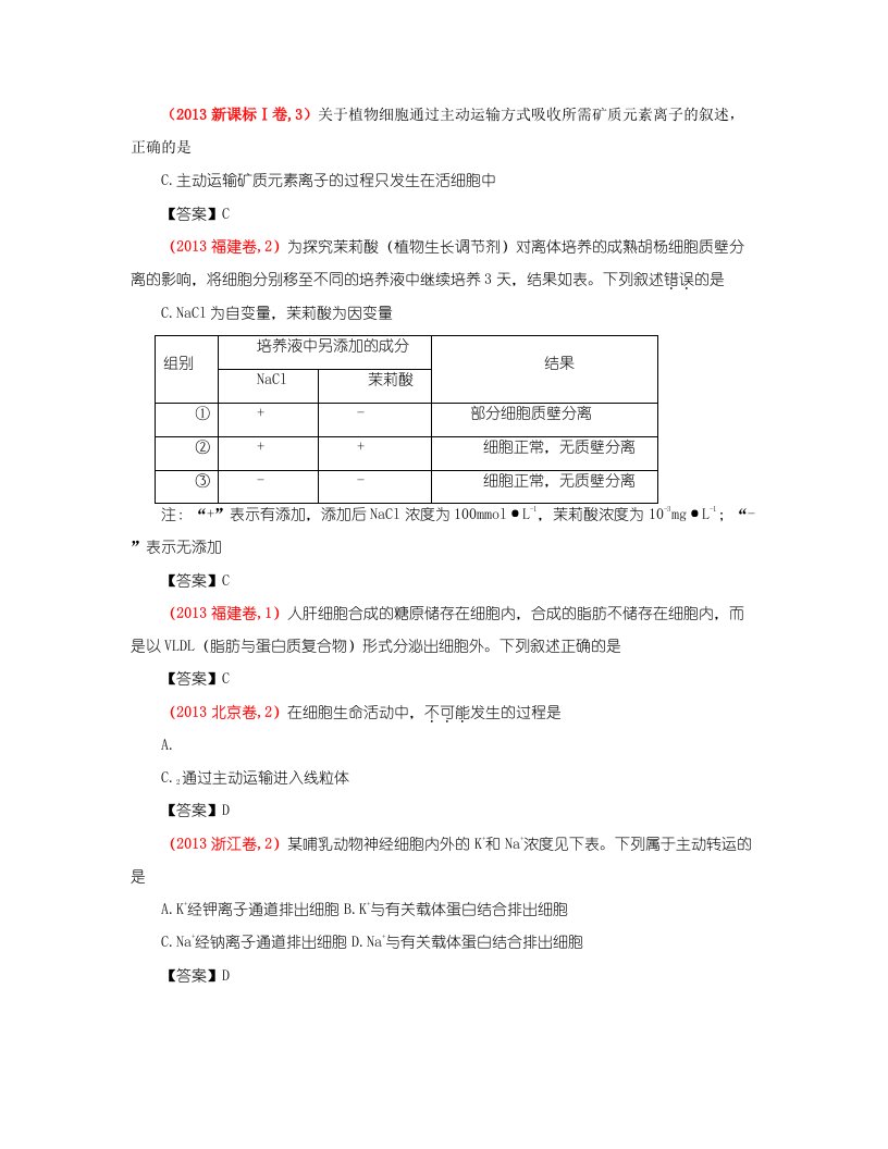 【备战】高考生物真题分类汇编物质的输入和输出新人教版