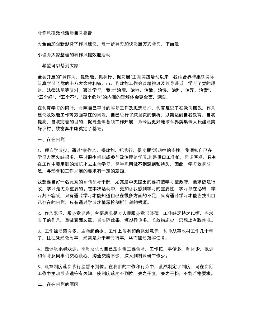 转作风提效能活动自查报告