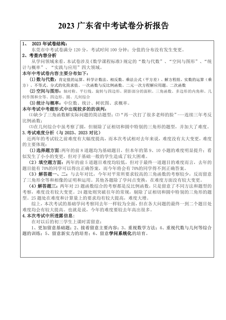 2023年广东省中考数学试卷分析报告