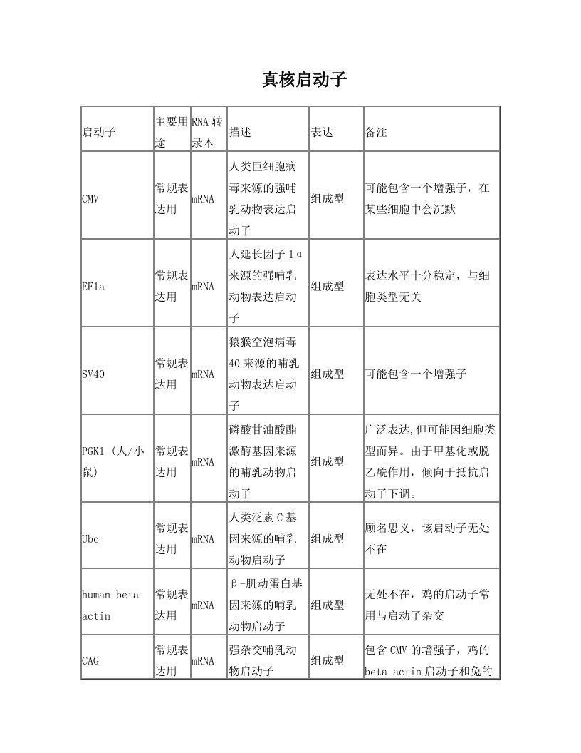 常见真核启动子及原核启动子特点