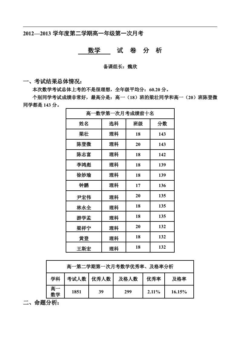 高一数学第一次月考试卷分析