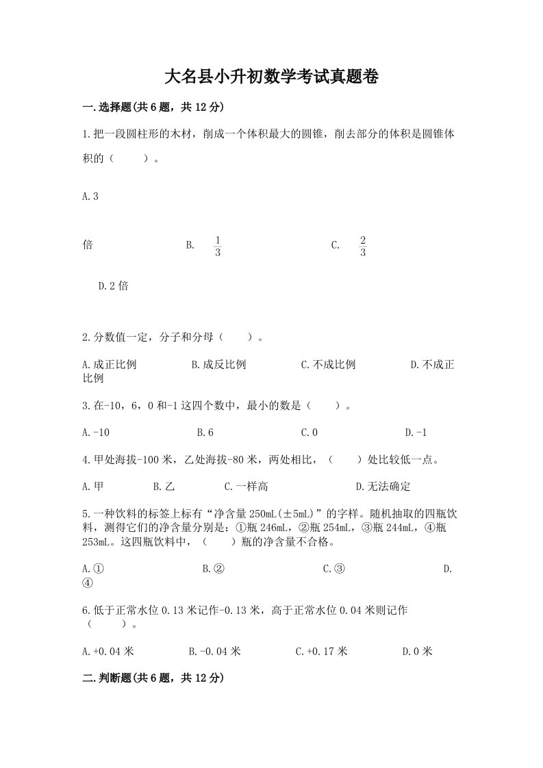 大名县小升初数学考试真题卷附答案