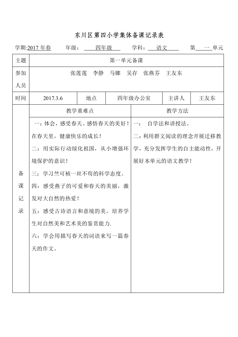 2017春四小四年级语文集体备课记录表(一)