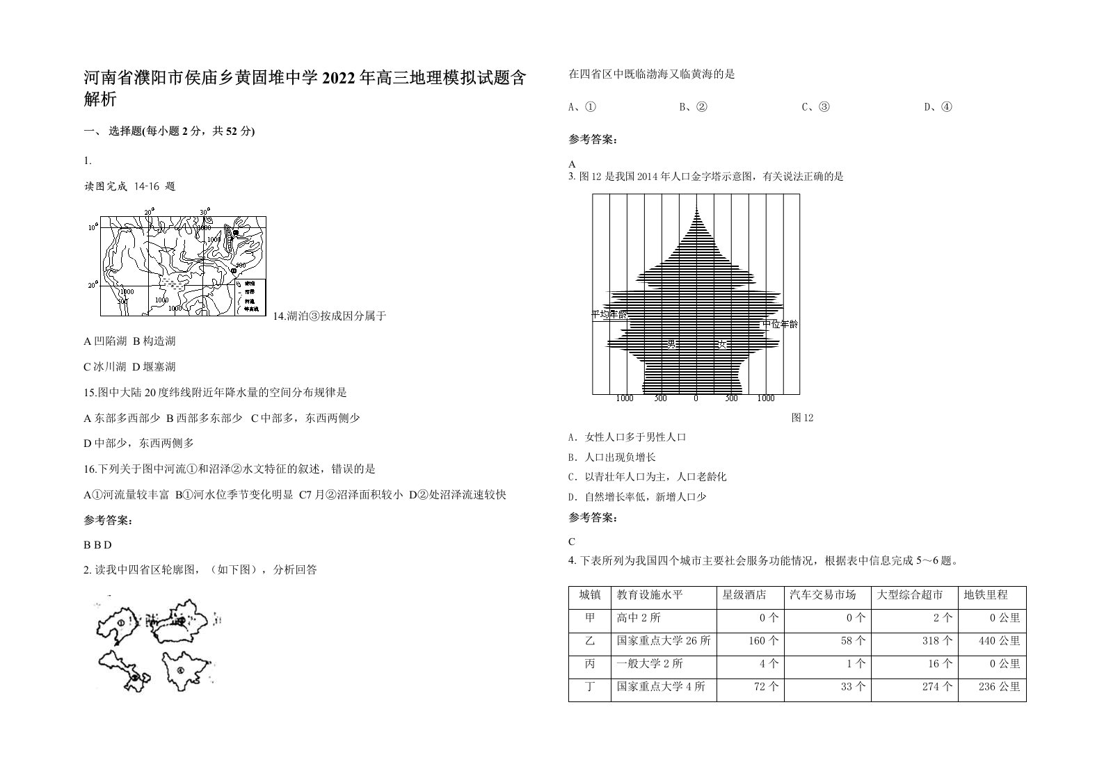 河南省濮阳市侯庙乡黄固堆中学2022年高三地理模拟试题含解析