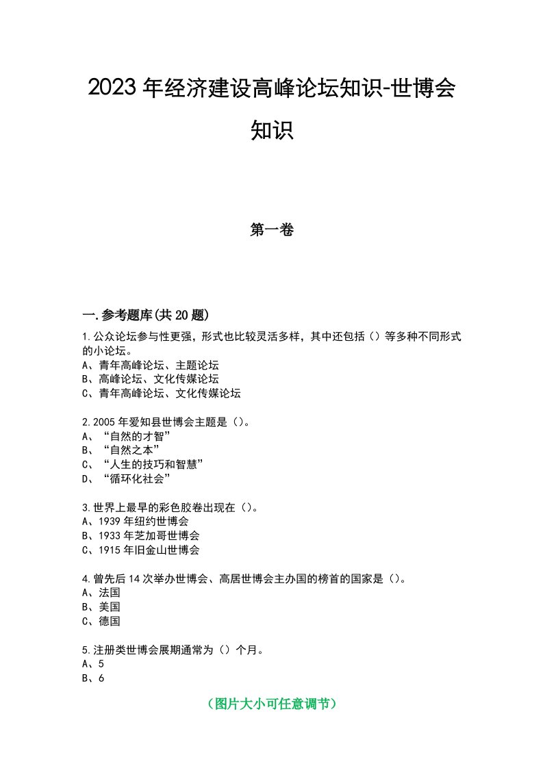 2023年经济建设高峰论坛知识-世博会知识.考试冲刺-历年真题演练带答案