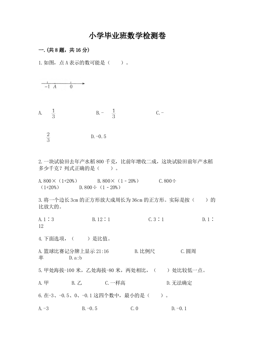 小学毕业班数学检测卷及答案（网校专用）