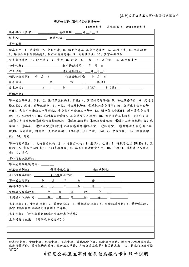 (完整)突发公共卫生事件相关信息报告卡