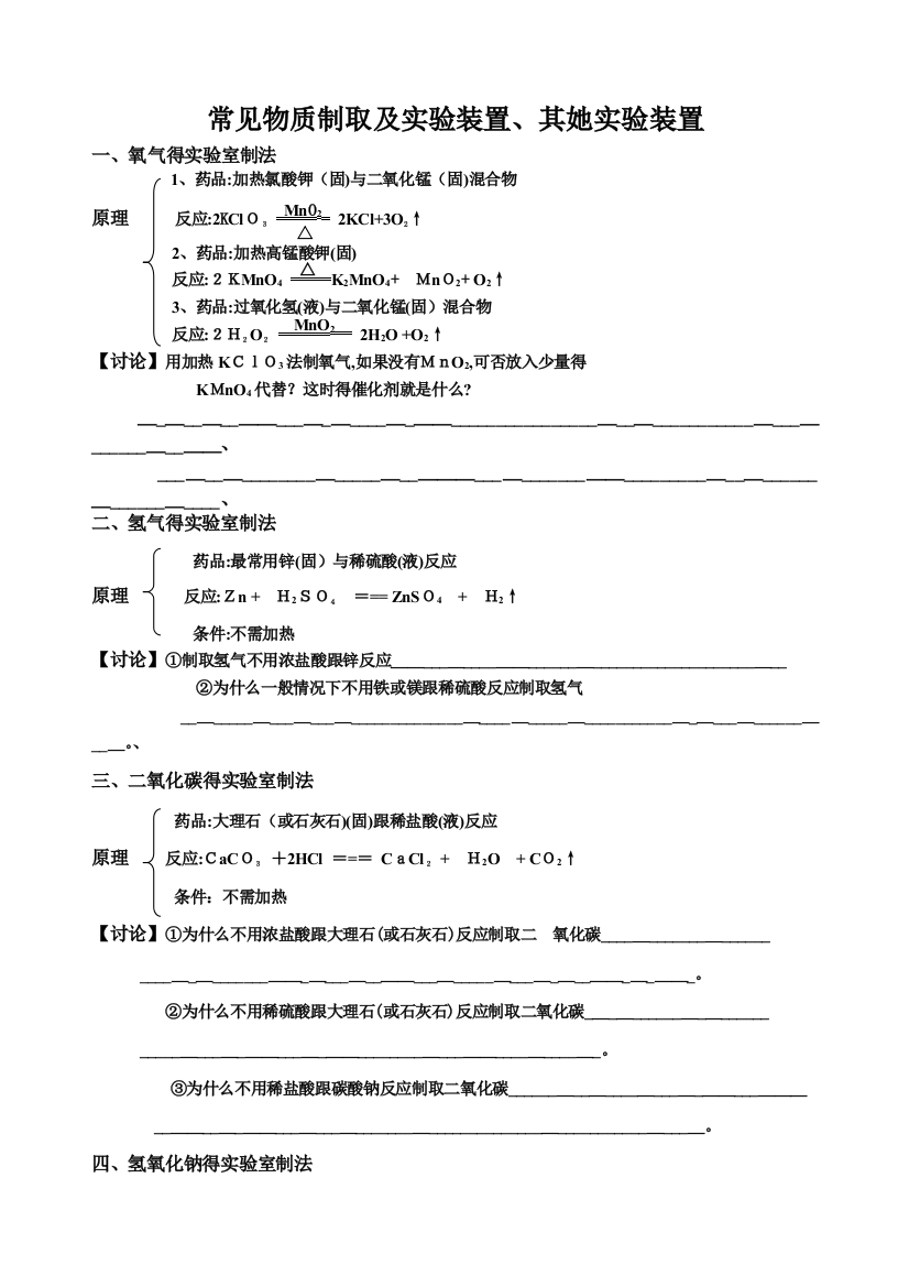 气体制取及装置适用范围