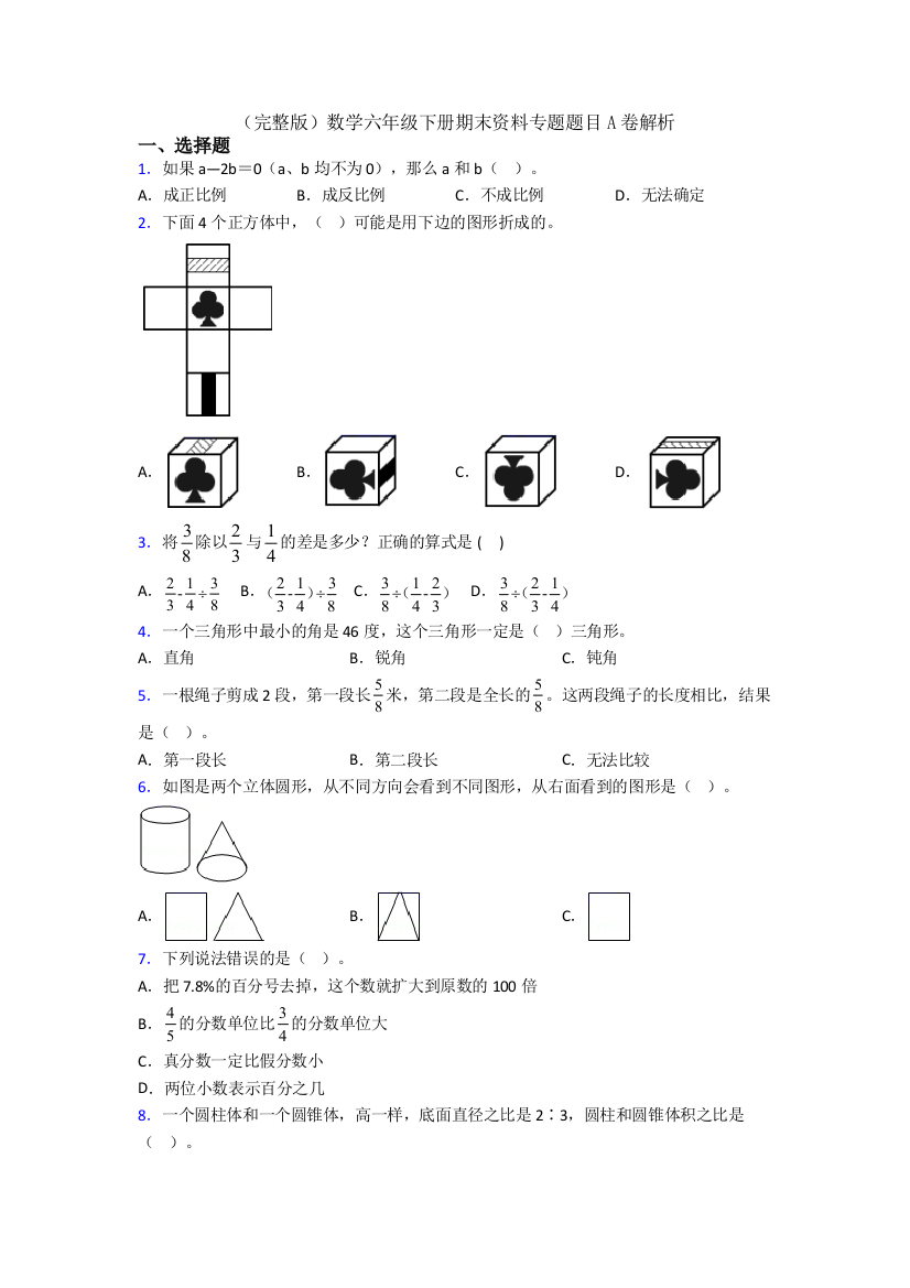 （完整版）数学六年级下册期末资料专题题目A卷解析