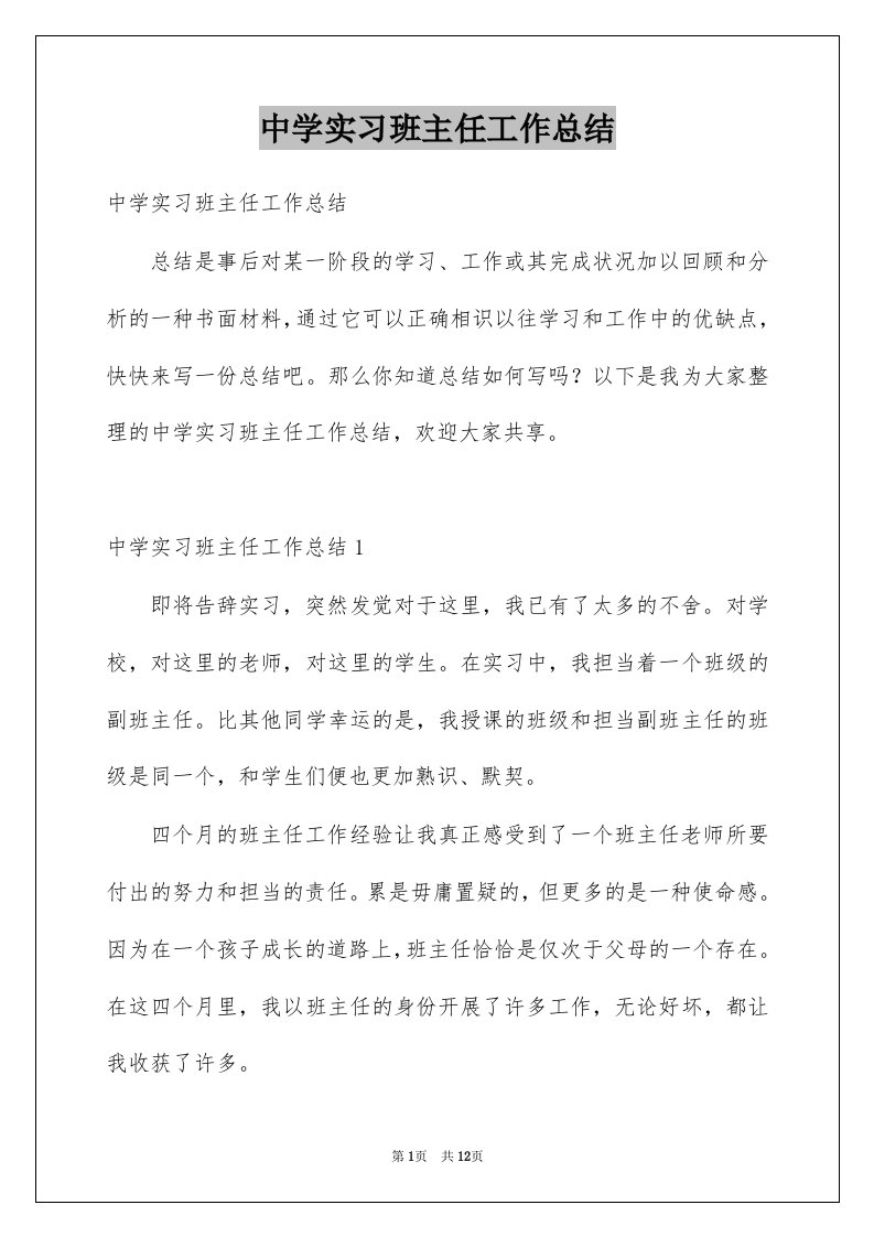 中学实习班主任工作总结范本