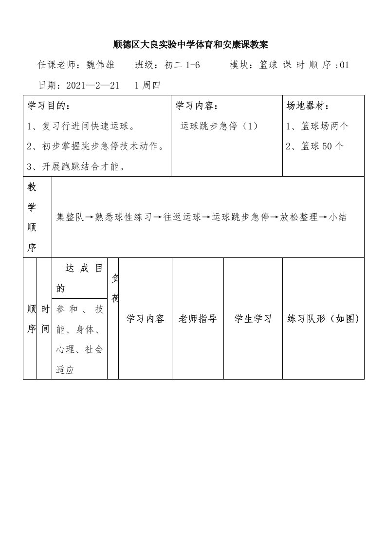 初二级体育教案（第二学期）