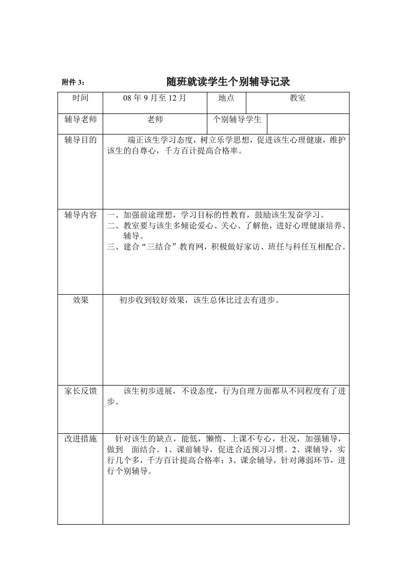 随班就读学生个别辅导记录