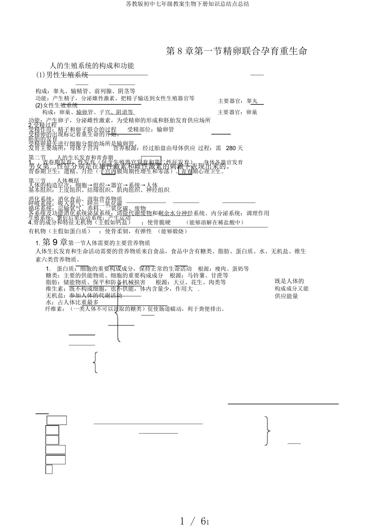 苏教版初中七年级教案生物下册知识总结点总结