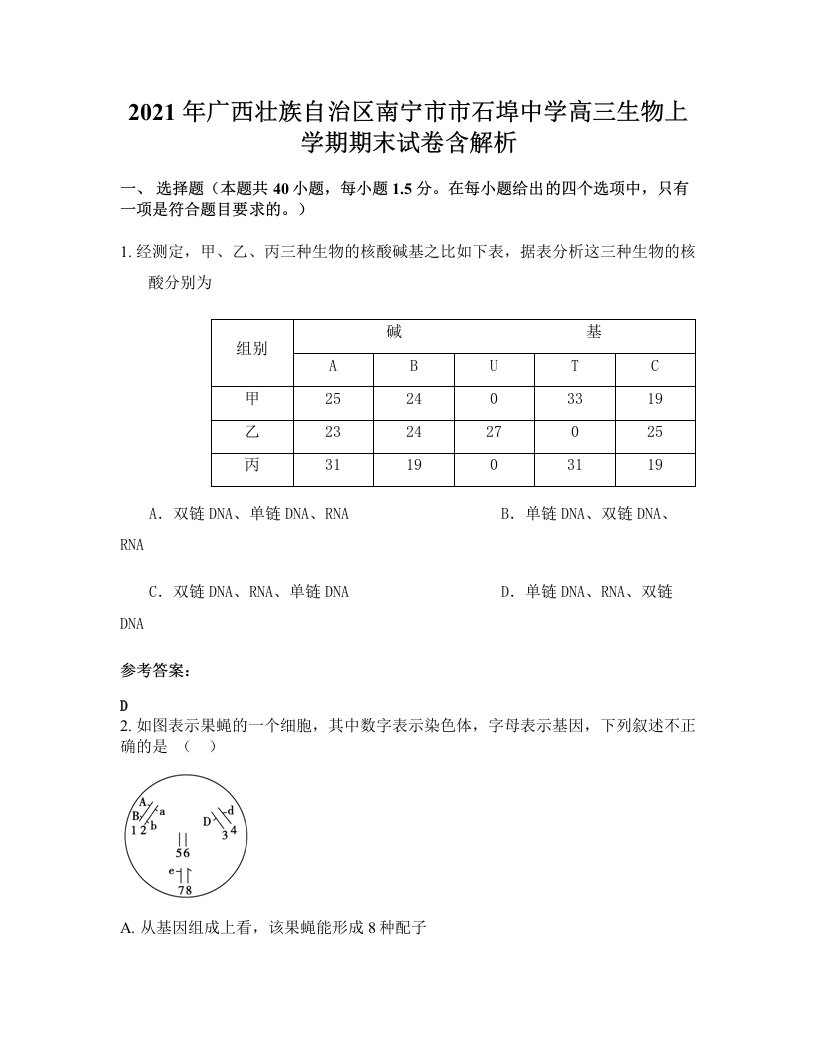 2021年广西壮族自治区南宁市市石埠中学高三生物上学期期末试卷含解析