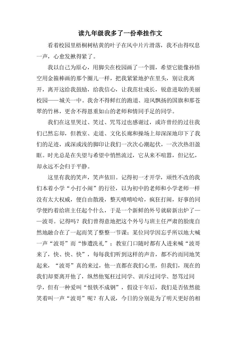 读九年级我多了一份牵挂作文