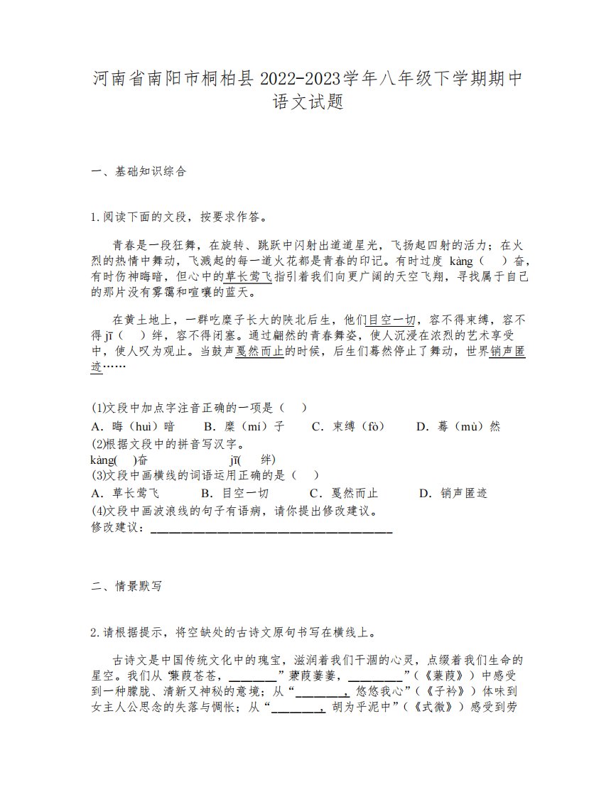 河南省南阳市桐柏县2022-2023学年八年级下学期期中语文试题