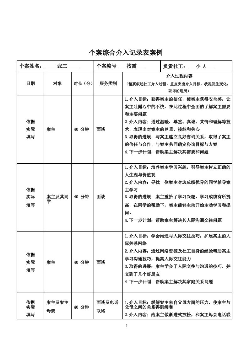 个案综合介入记录表案例001