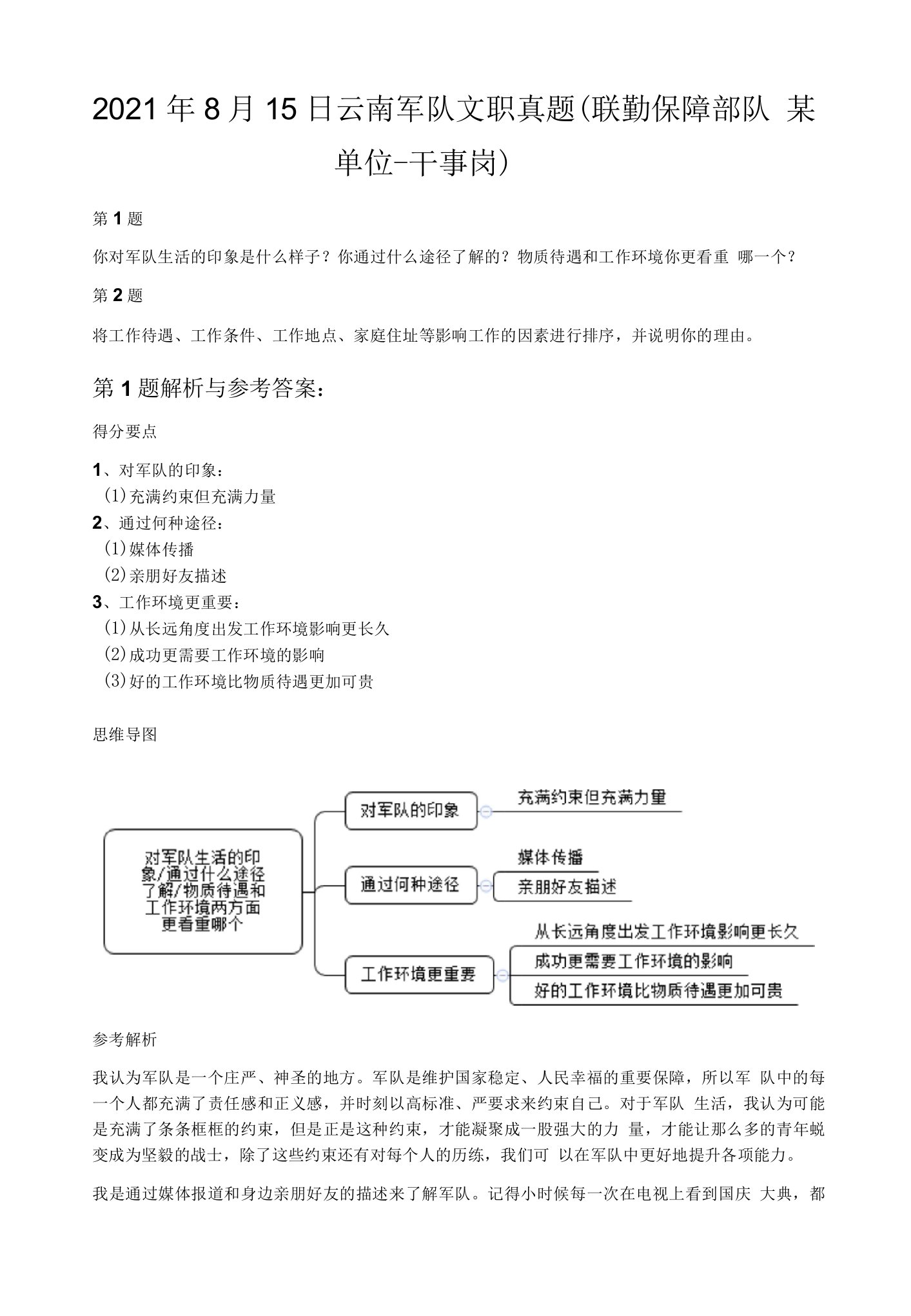 2021年8月15日云南军队文职真题（联勤保障部队某单位-干事岗）