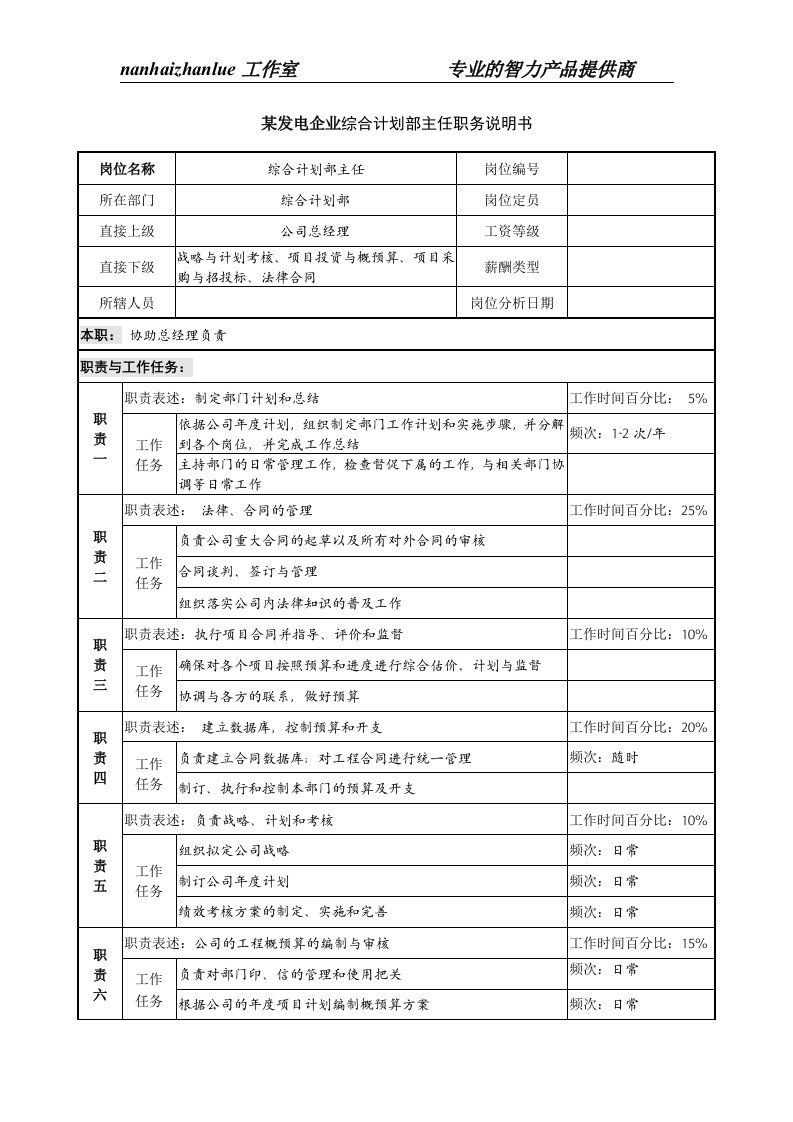 某发电企业综合计划部主任职务说明书