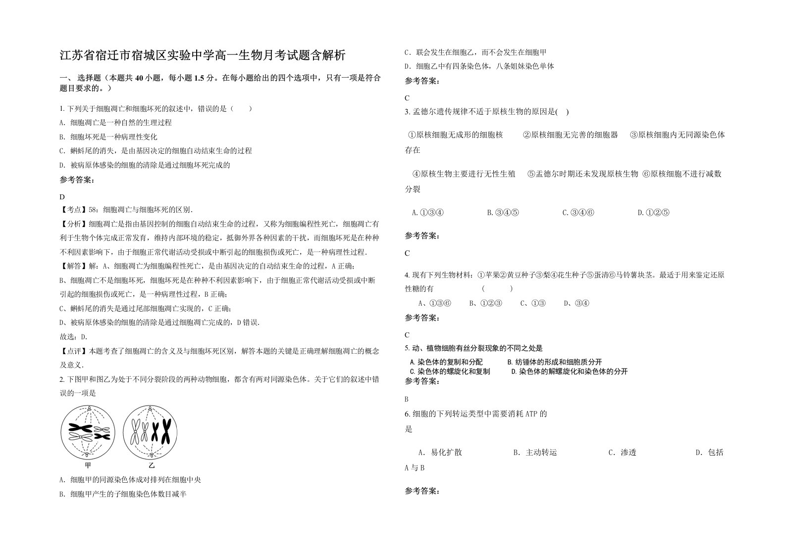 江苏省宿迁市宿城区实验中学高一生物月考试题含解析