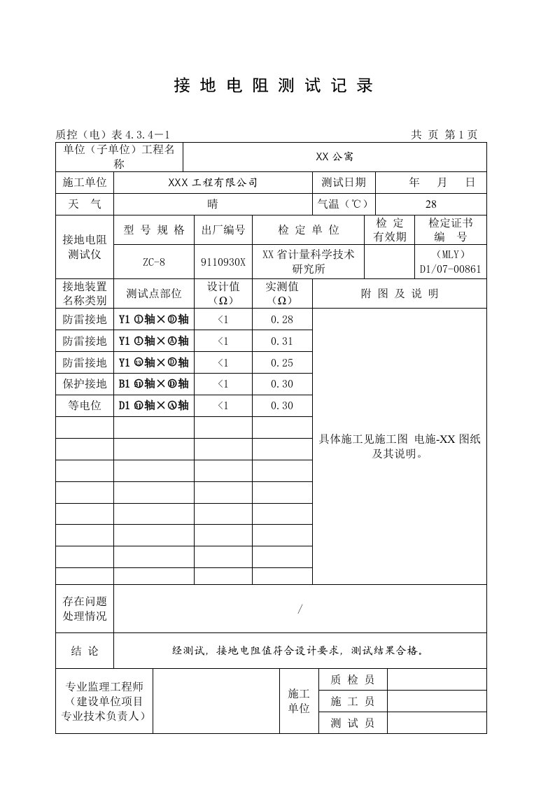 接地电阻测试记录填写范本