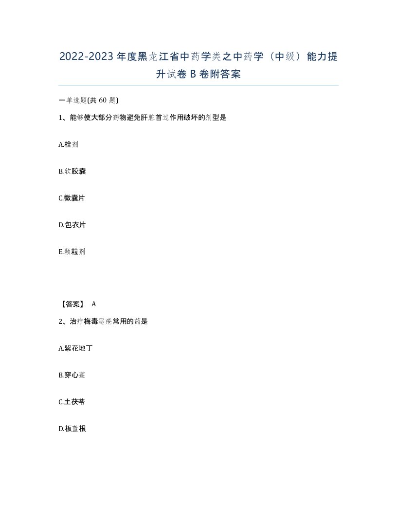 2022-2023年度黑龙江省中药学类之中药学中级能力提升试卷B卷附答案