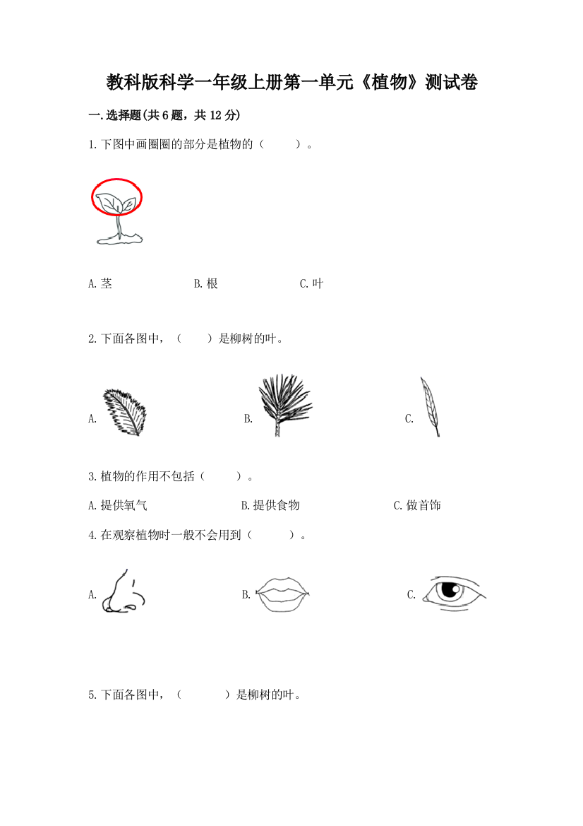 教科版科学一年级上册第一单元《植物》测试卷带答案